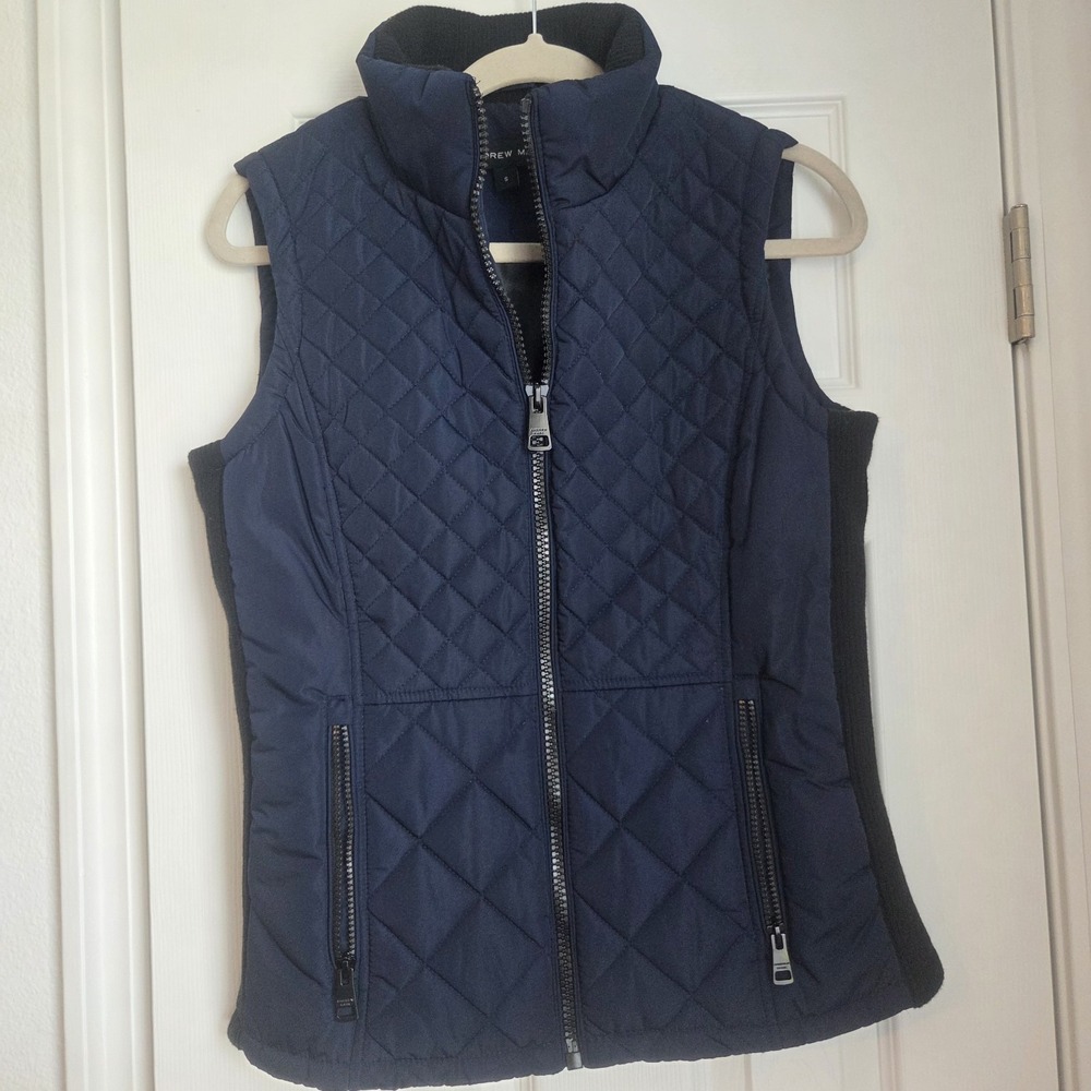 Andrew Marc Womens Quilted Vest Navy Blue Puffer Ribbed Sides Zip Pockets Size S